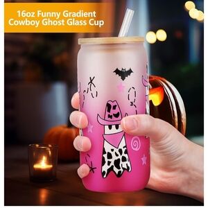 Funny Gradient Cowboy Ghost Glass Cup 16 Oz, Straw, Lid NIB